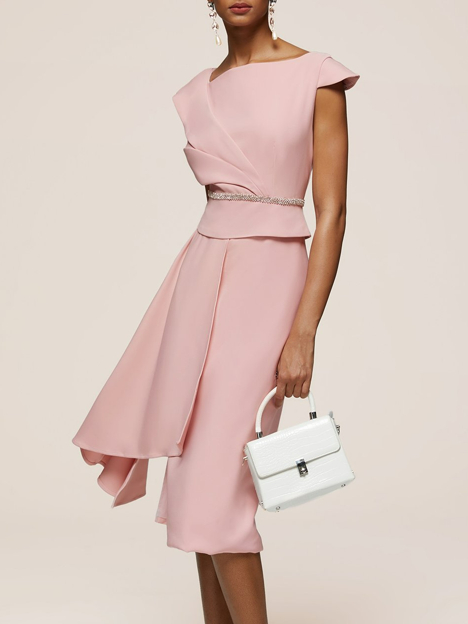 Pink Asymmetrical Neck Cap Sleeve Rhinestone Sheath Midi Dress