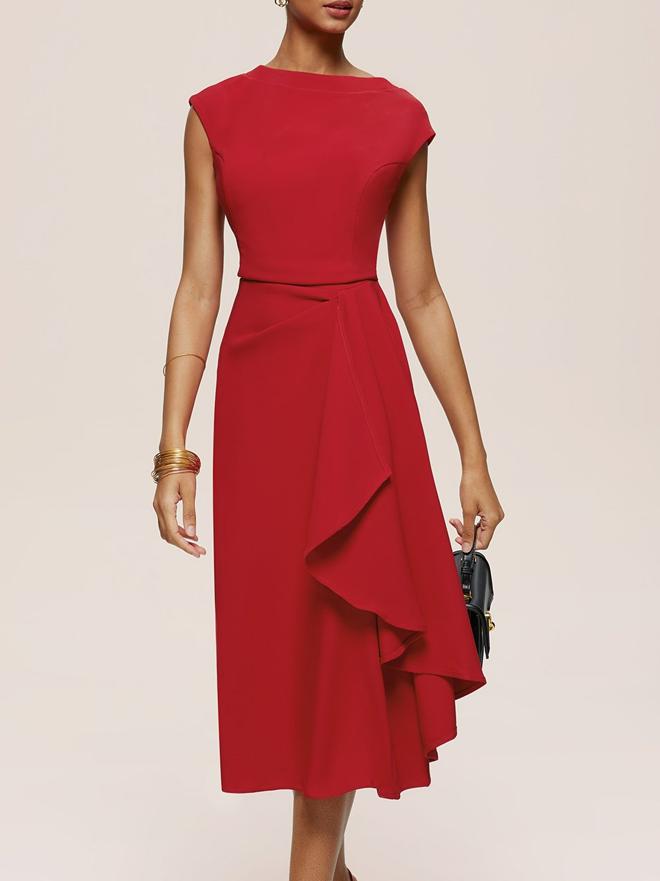 Red Ruched Boat Neck Cap Sleeve A-Line Midi Dress