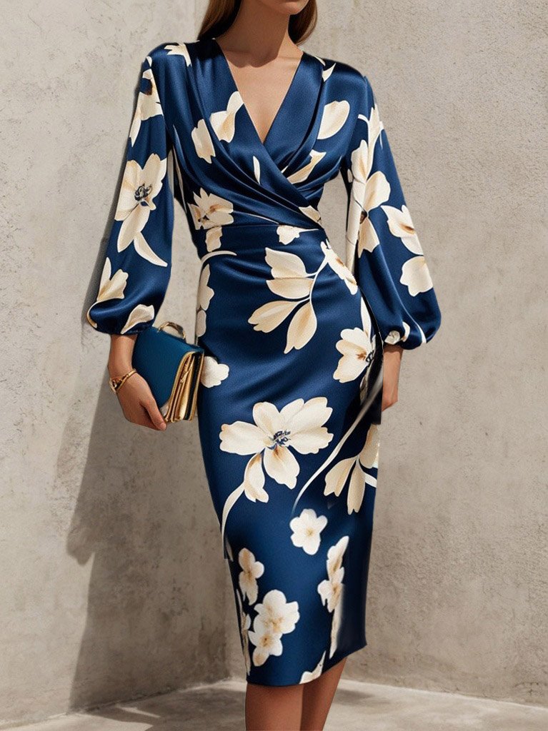 Blue Floral V Neck  Balloon Sleeve Midi Sheath Dress