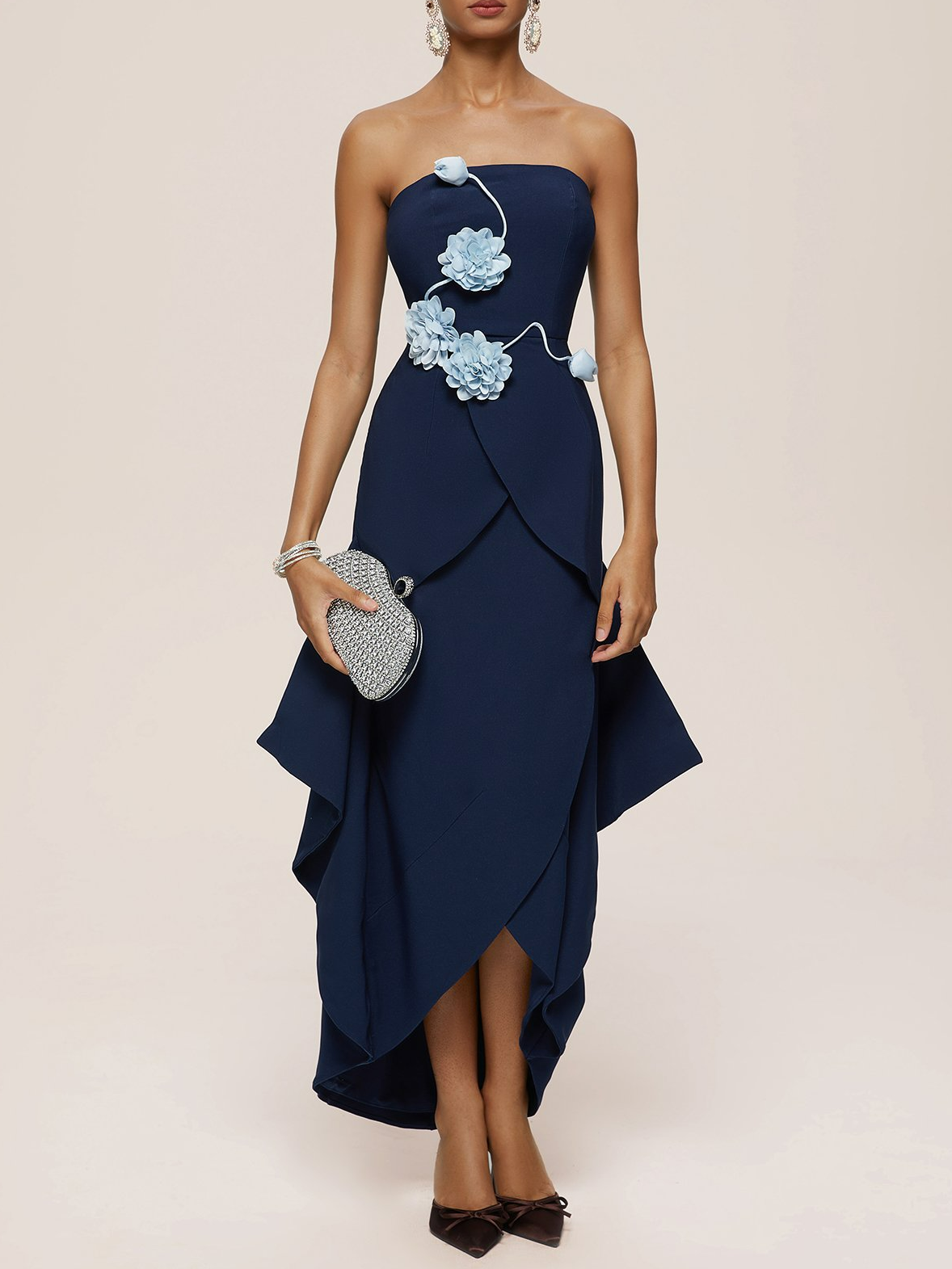 Blue 3D Floral Applique Strapless Cocoon Sheath Midi Dress