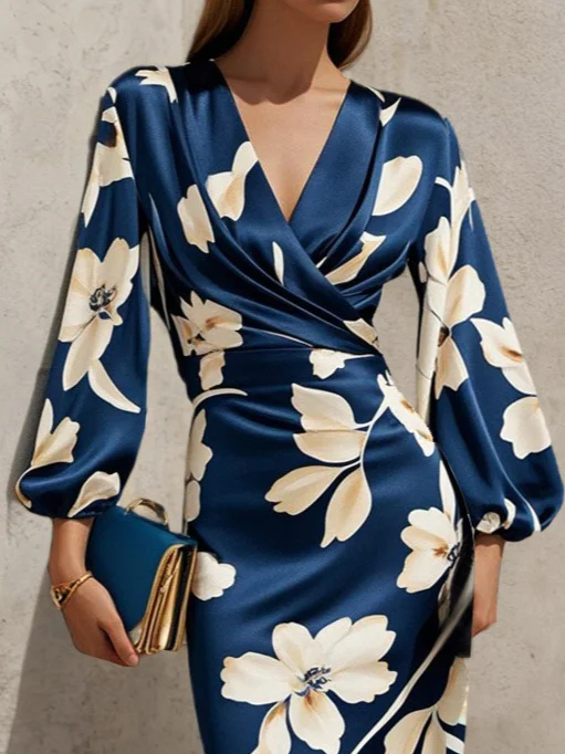 Blue Floral V Neck  Balloon Sleeve Midi Sheath Dress