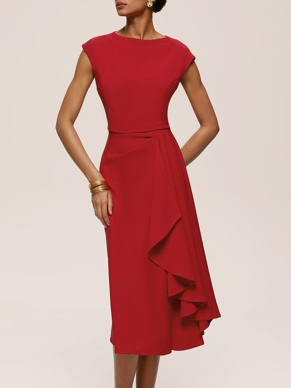 Red Ruched Boat Neck Cap Sleeve A-Line Midi Dress