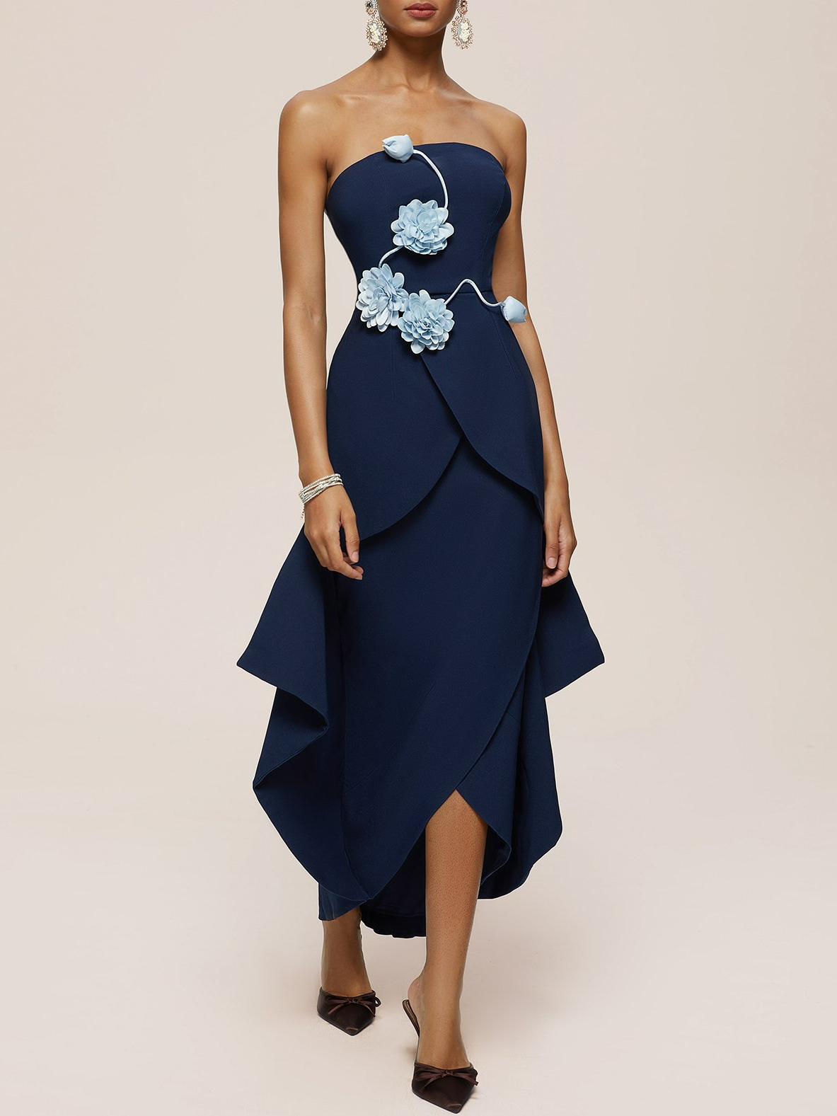 Blue 3D Floral Applique Strapless Cocoon Sheath Midi Dress