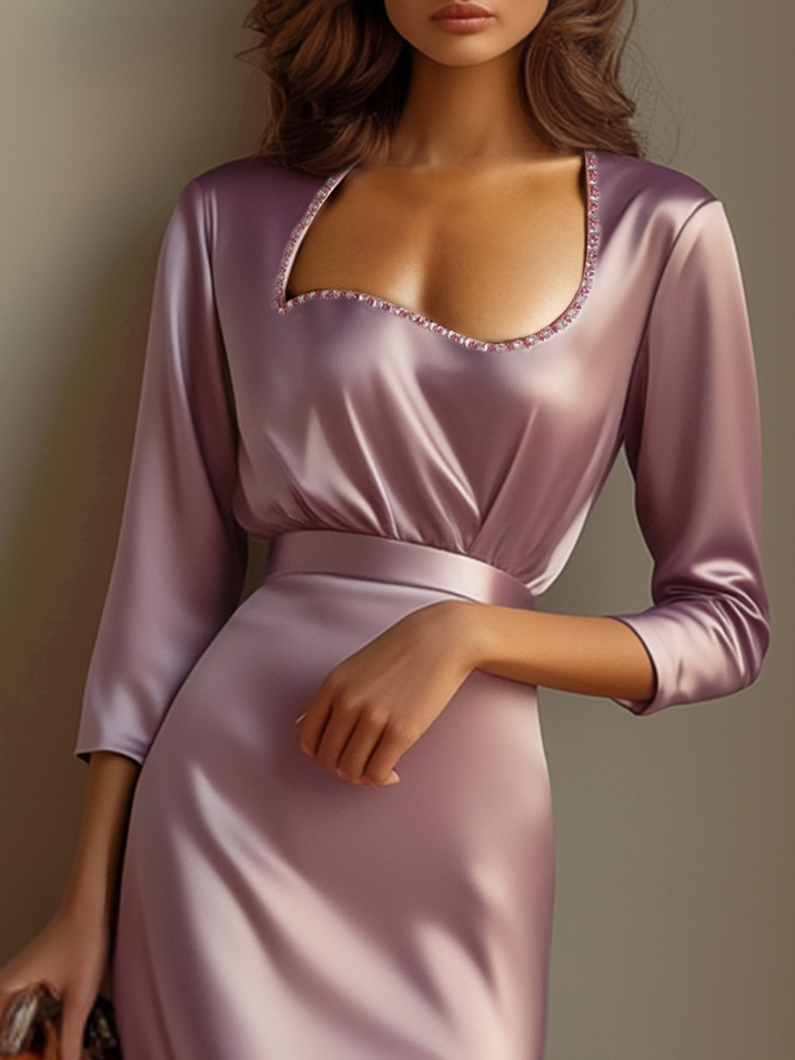 Pink Rhinestones Asymmetrical Long Sleeve Sheath Midi Dress