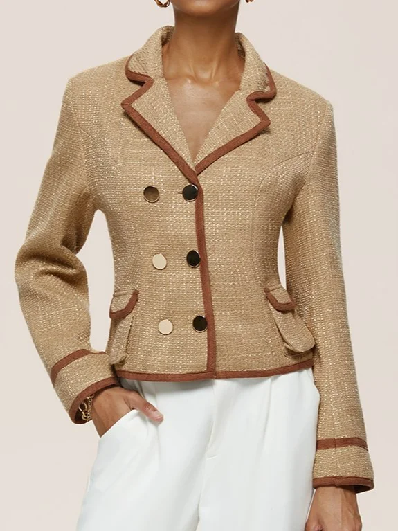 Women Buckle Plain Lapel Collar Tweed Jacket