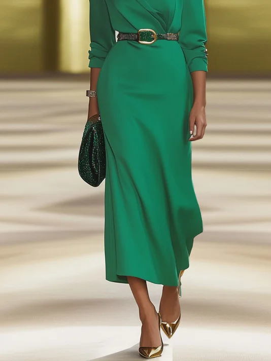 Green Lapel Collar Long Sleeve H-Line Midi Dress