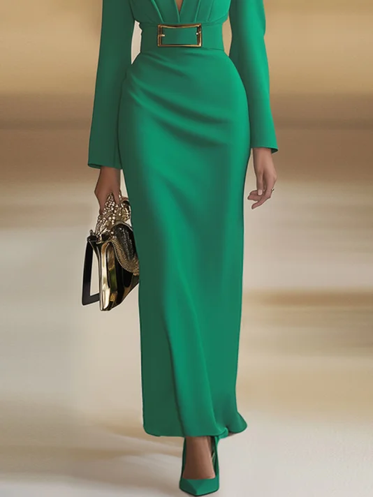 Green Deep V Neck Long Sleeve Sheath Maxi Dress