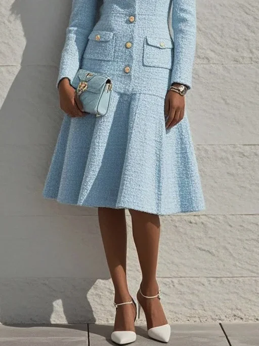 Light Blue Tweed Lapel Collar Long Sleeve A-Line Midi Dress