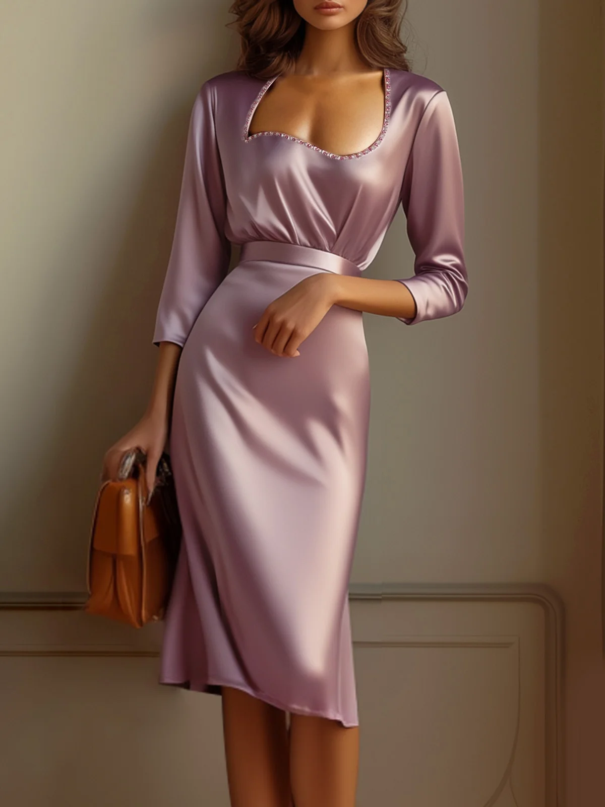 Pink Rhinestones Asymmetrical Long Sleeve Sheath Midi Dress