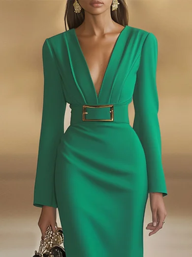 Green Deep V Neck Long Sleeve Sheath Maxi Dress