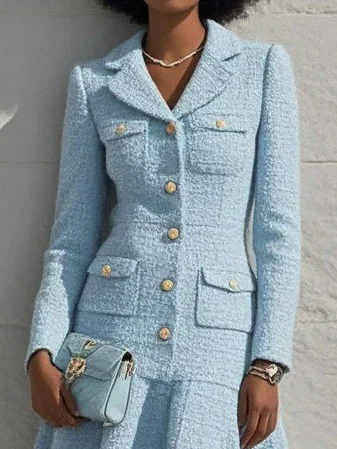 Light Blue Tweed Lapel Collar Long Sleeve A-Line Midi Dress