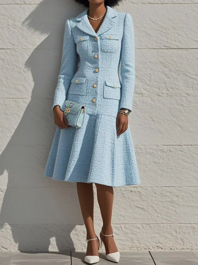 Light Blue Tweed Lapel Collar Long Sleeve A-Line Midi Dress