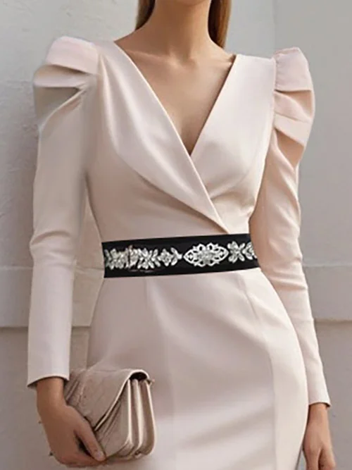 Off White Rhinestones V Neck Long Sleeve Puff Sleeve Sheath Knee Length Dress