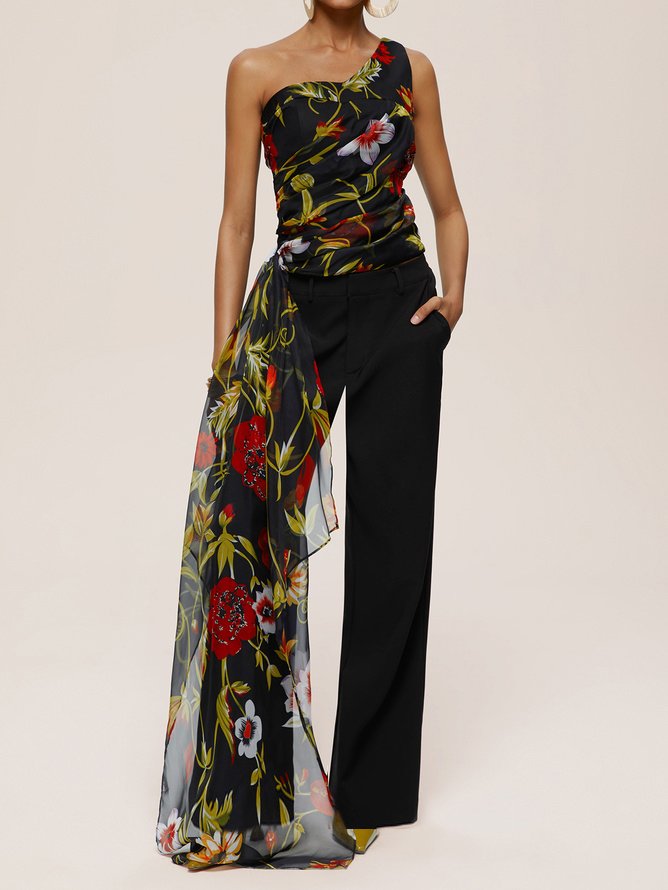 Women Black Floral One-Shoulder Chiffon Two-Piece Set