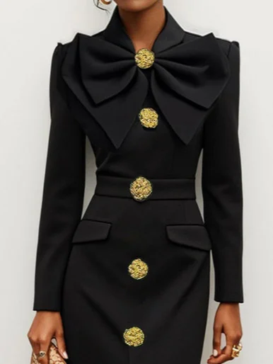 Black Bow Collar Long Sleeve Blazer Sheath Midi Dress