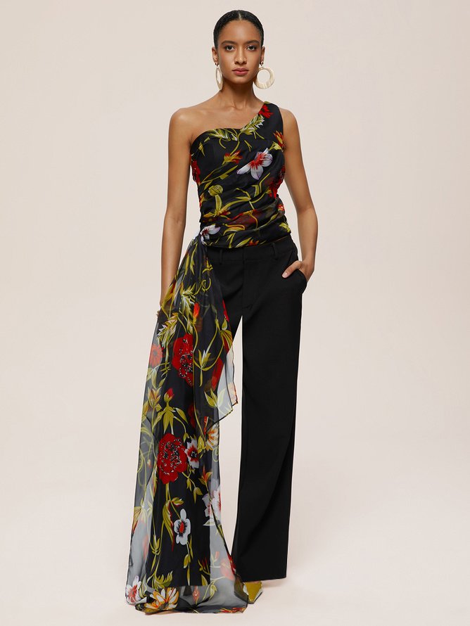 Women Black Floral One-Shoulder Chiffon Two-Piece Set