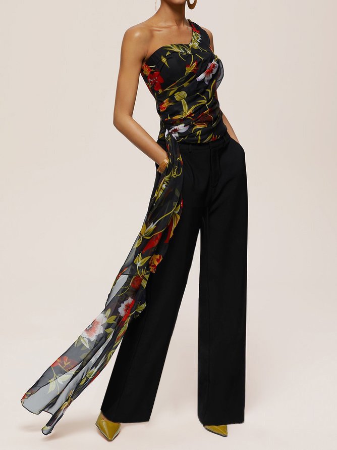 Women Black Floral One-Shoulder Chiffon Two-Piece Set