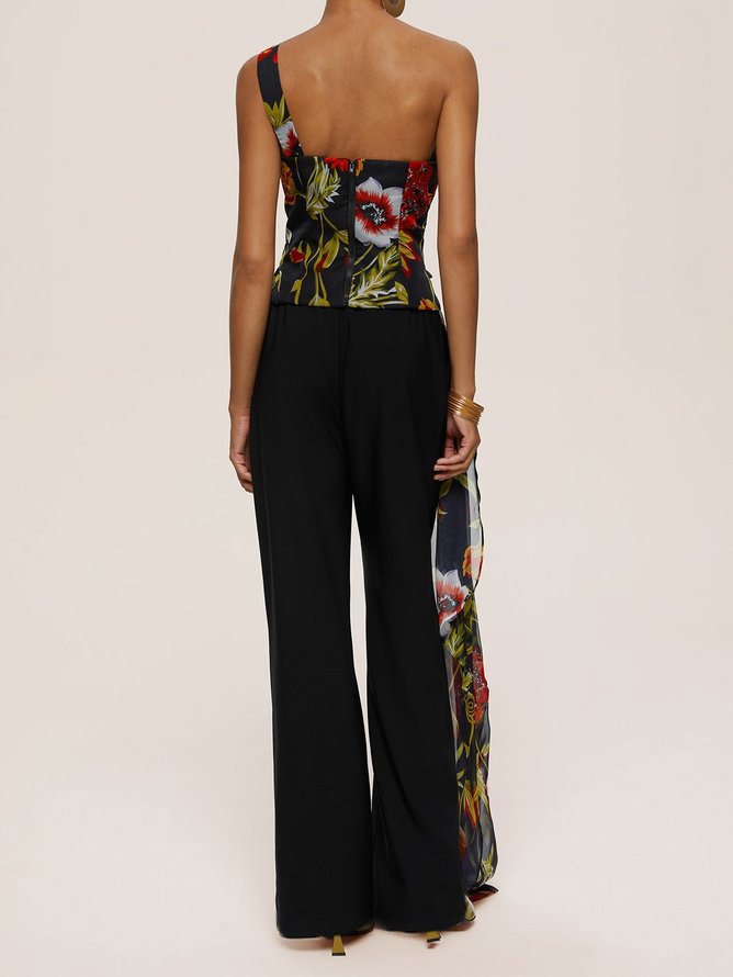 Women Black Floral One-Shoulder Chiffon Two-Piece Set