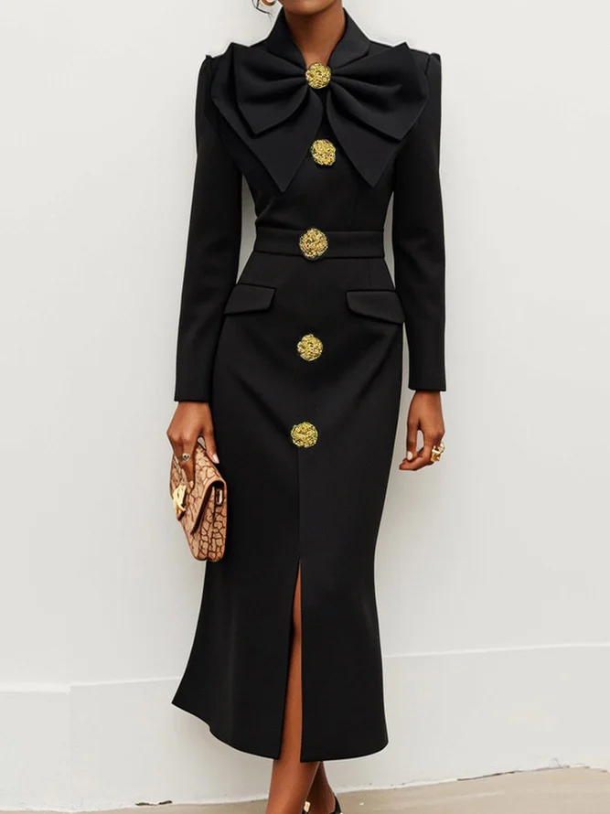 Black Bow Collar Long Sleeve Blazer Sheath Midi Dress