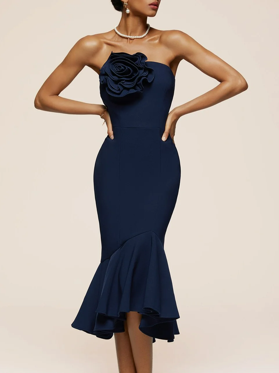 Dark Blue 3d Floral Strapless Mermaid Midi Dress