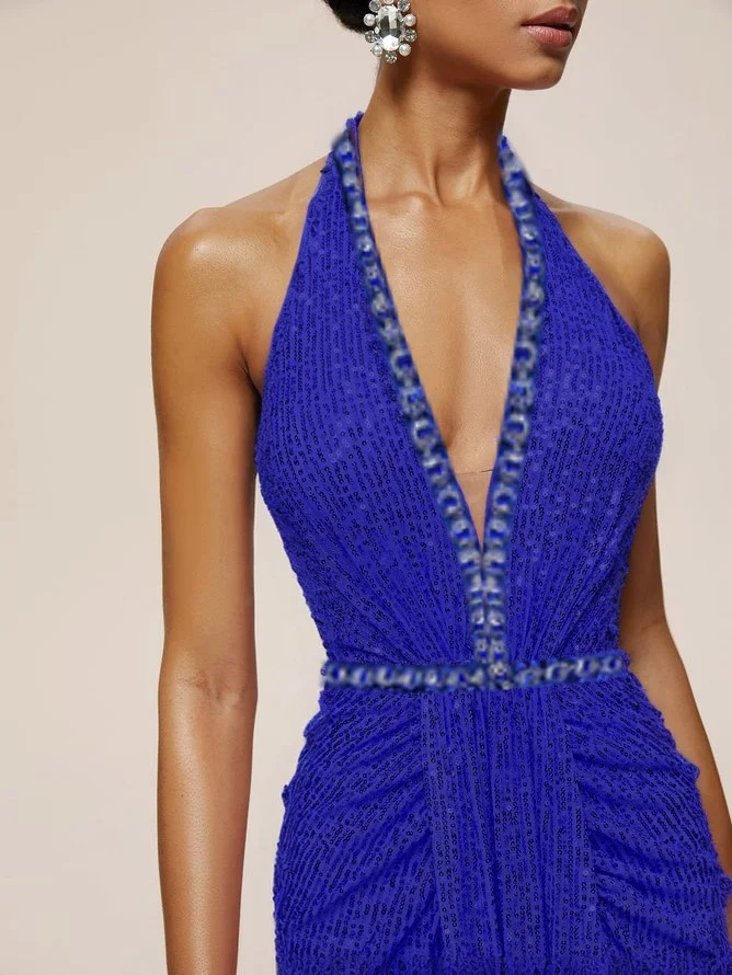 Pink Sequin Rhinestone Halter Sleeveless Sheath Maxi Dress