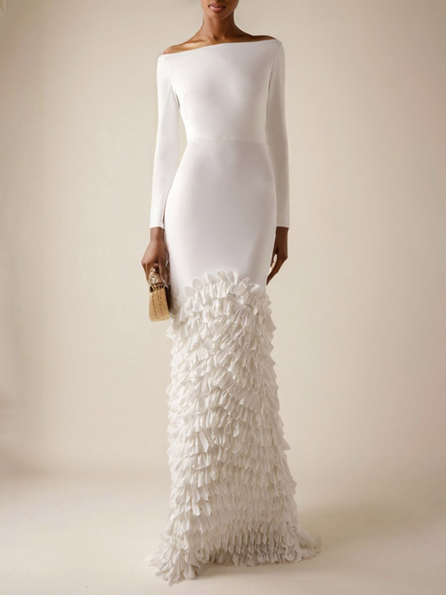 Off White Off The Shoulder Ruched  Mermaid Gown