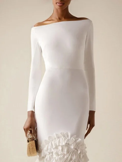 Off White Off The Shoulder Ruched  Mermaid Gown