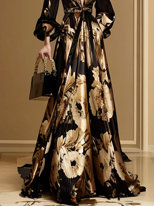 Black Gold Floral Deep V Neck Balloon Sleeve A-Line Floor Length Dress