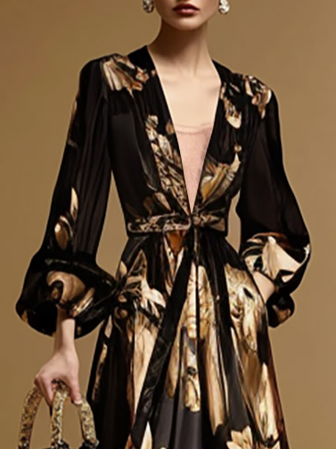 Black Gold Floral Deep V Neck Balloon Sleeve A-Line Floor Length Dress