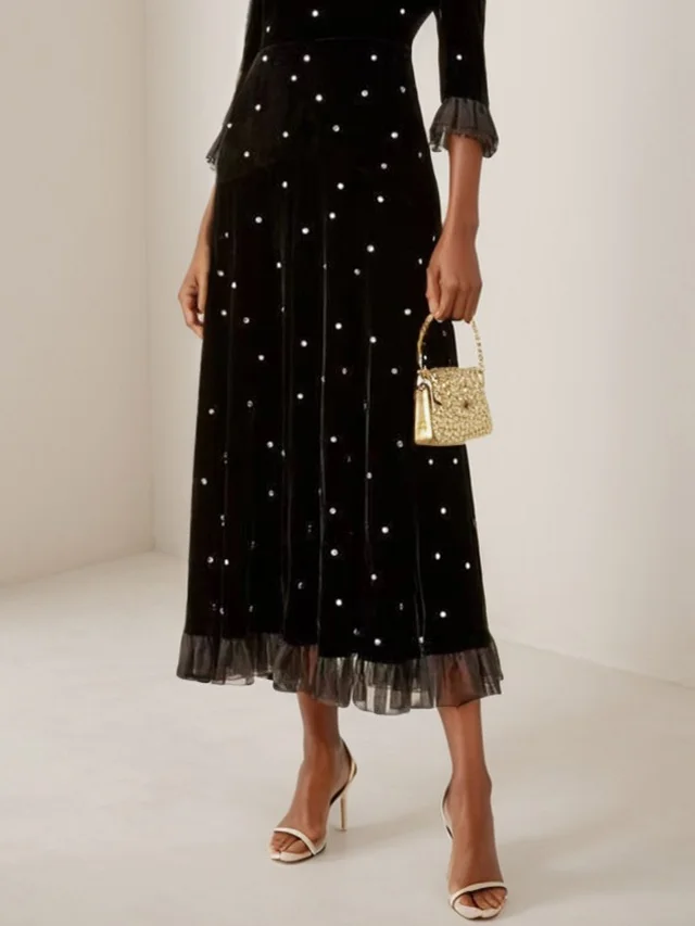 Black Beaded Ruffled Velvet Mock Neck Three Quarter Sleeve A-Line Midi Dress