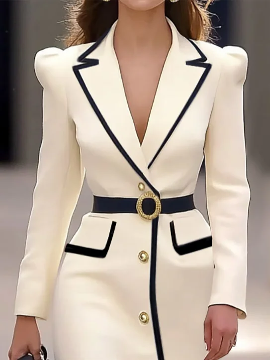 Off White Piping Lapel Collar Long Sleeve Sheath Blazer Midi Dress