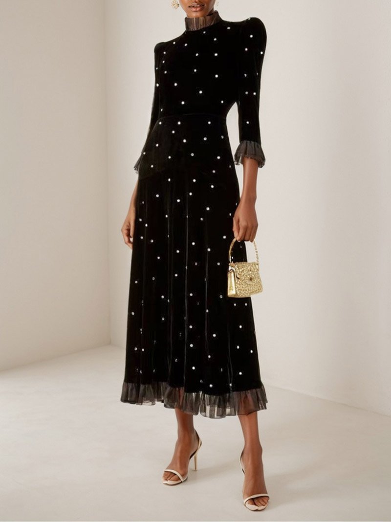 Black Beaded Ruffled Velvet Mock Neck Three Quarter Sleeve A-Line Midi Dress