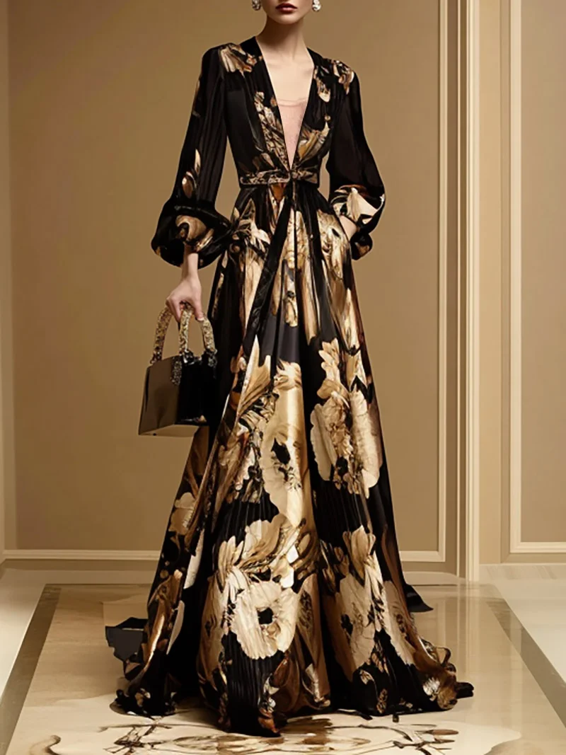 Black Gold Floral Deep V Neck Balloon Sleeve A-Line Floor Length Dress