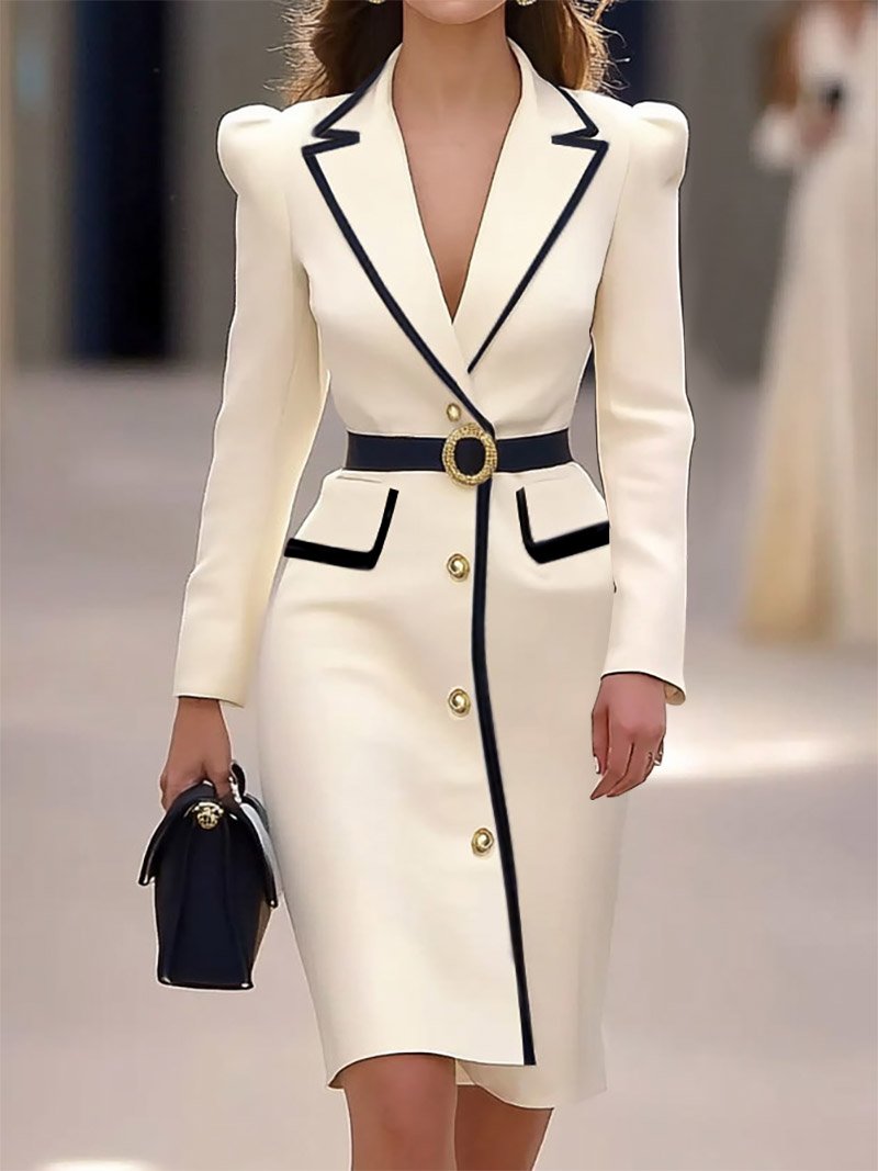 Off White Piping Lapel Collar Long Sleeve Sheath Blazer Midi Dress