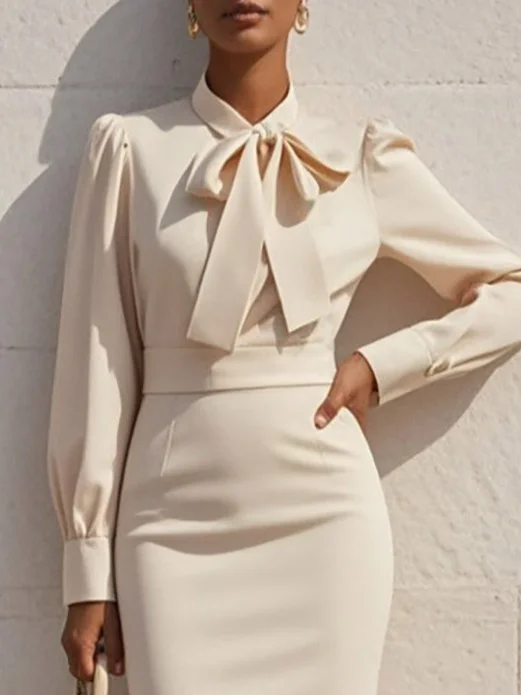 Off White Bow Neck Long Sleeve Sheath Midi Blazer Dress