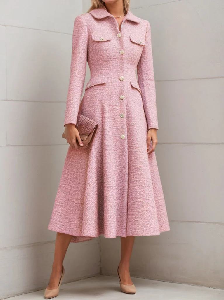 Pink Tweed Buckle Shawl Collar Long Sleeve A-Line Blazer Midi Dress