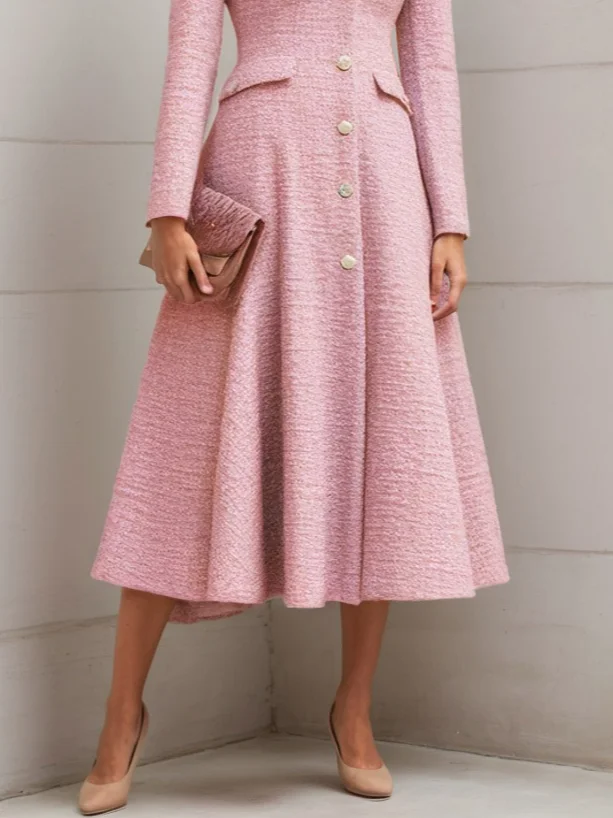 Pink Tweed Buckle Shawl Collar Long Sleeve A-Line Blazer Midi Dress