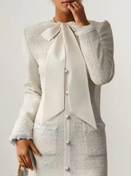 White Bow Tweed Blazer Long Sleeve Sheath Midi Dress