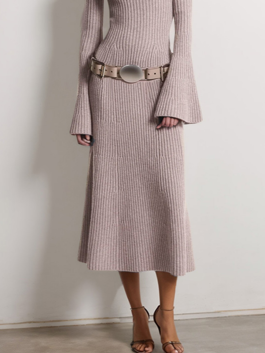 Wool Light Khaki U-Neck Long Bell Sleeve A-Line Midi Sweater Dress