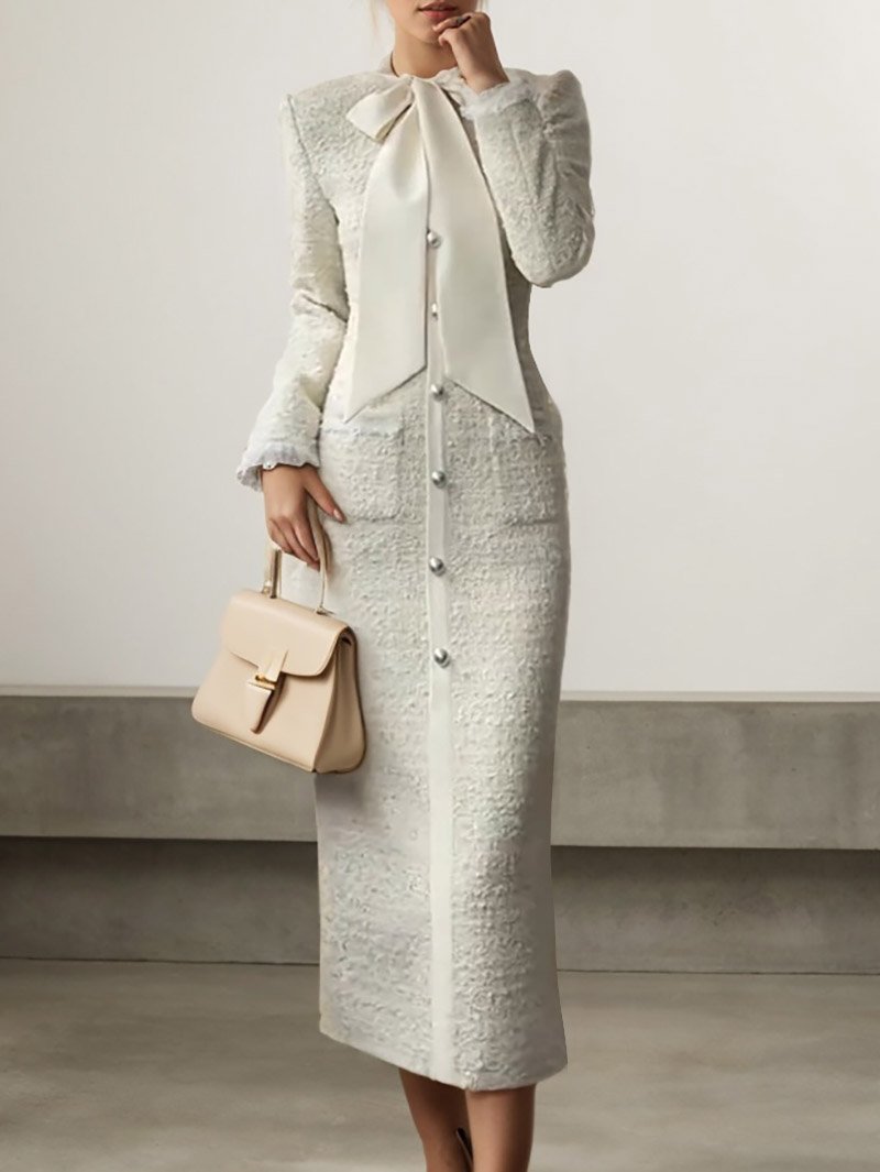 White Bow Tweed Blazer Long Sleeve Sheath Midi Dress