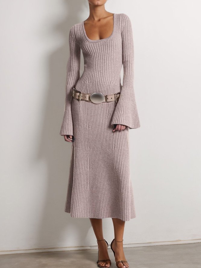 Wool Light Khaki U-Neck Long Bell Sleeve A-Line Midi Sweater Dress