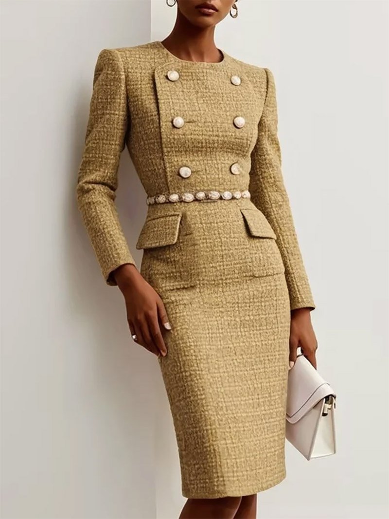 Khaki Buckle Tweed Blazer Crew Neck Long Sleeve Sheath Midi Dress