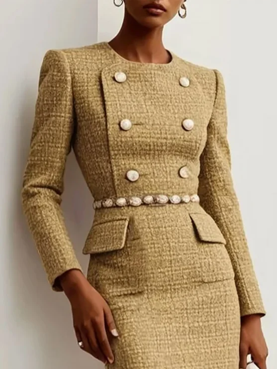 Khaki Buckle Tweed Blazer Crew Neck Long Sleeve Sheath Midi Dress