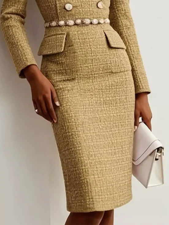 Khaki Buckle Tweed Blazer Crew Neck Long Sleeve Sheath Midi Dress