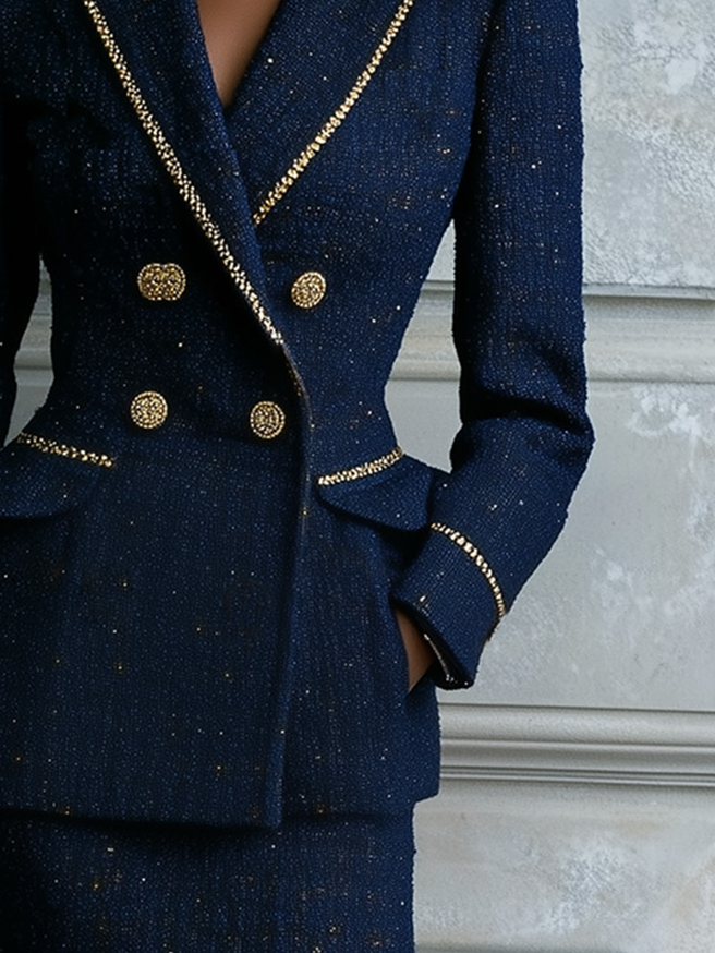 Navy Blue Piping Lapel Collar Long Sleeve Two-Piece Set