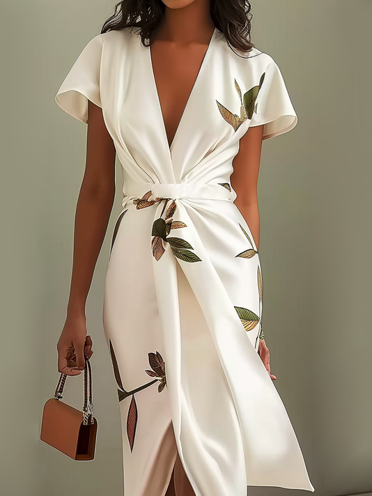 White Leaf Short Sleeve Satin Wrap Sheath Midi Dress