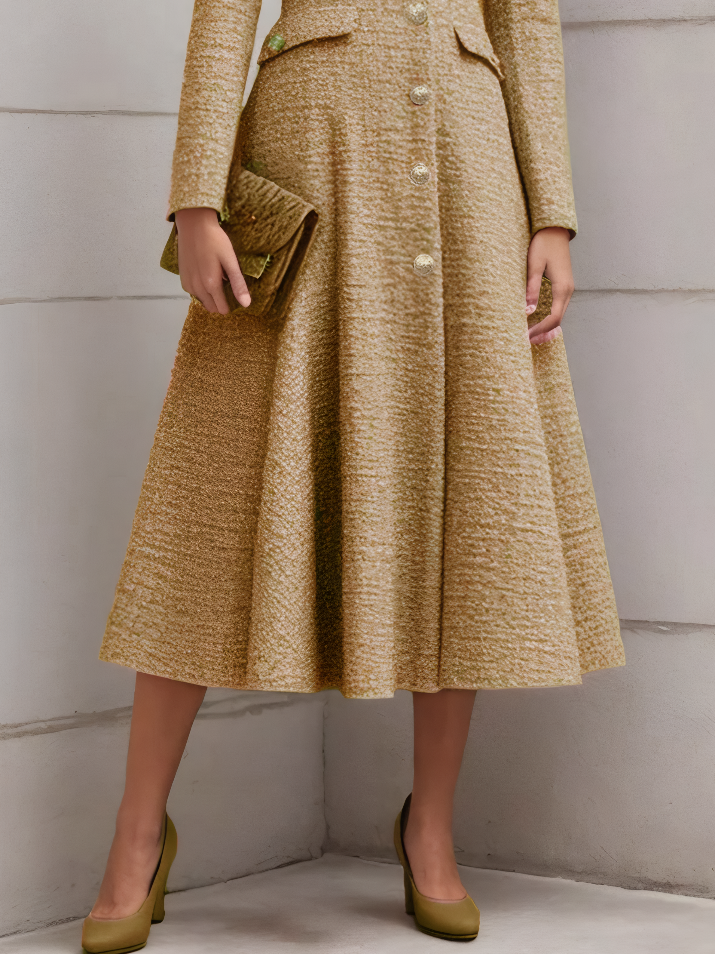 Pink Buckle Tweed Pointed Collar Long Sleeve A-Line Midi Dress