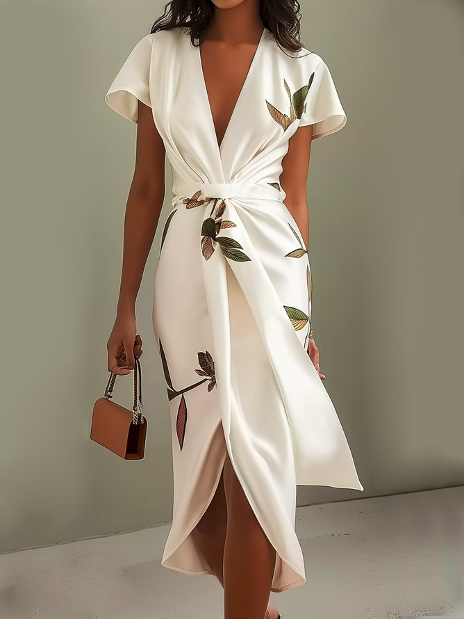 White Leaf Short Sleeve Satin Wrap Sheath Midi Dress