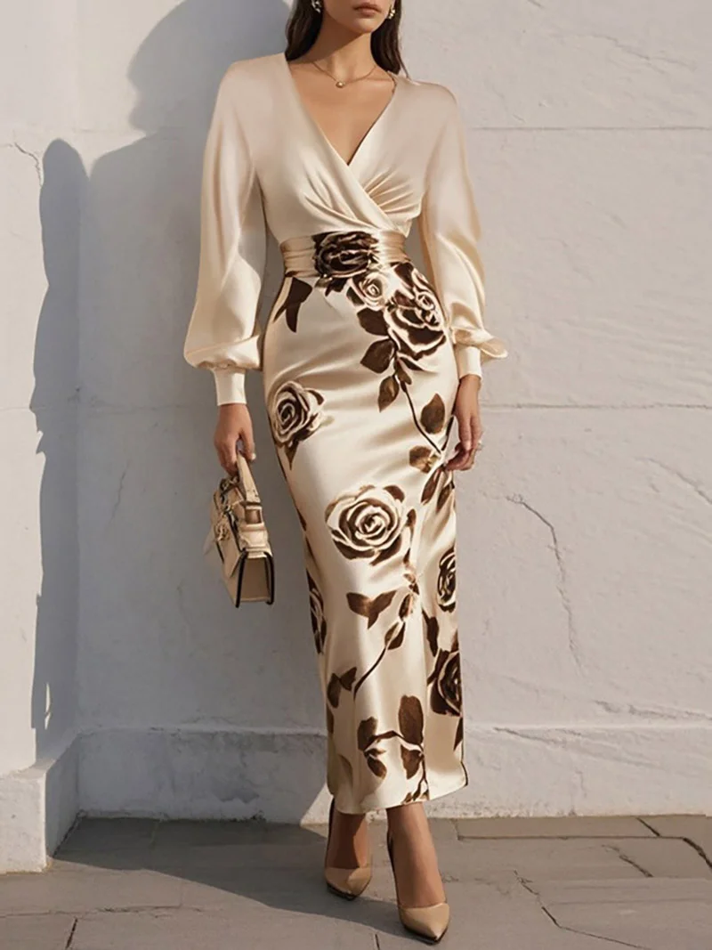 Apricot Floral V Neck Long Puff Sleeve Satin Sheath Maxi Dress