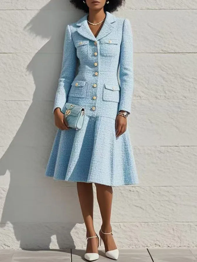 Light Blue Lapel Collar Pocket A-Line Midi Tweed Blazer Dress